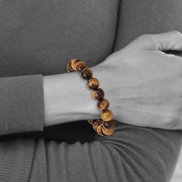 10mm Brown Tiger Eye Agate Beaded Stretch Bracelet, 6.5 Inch - Picture 3 of 5